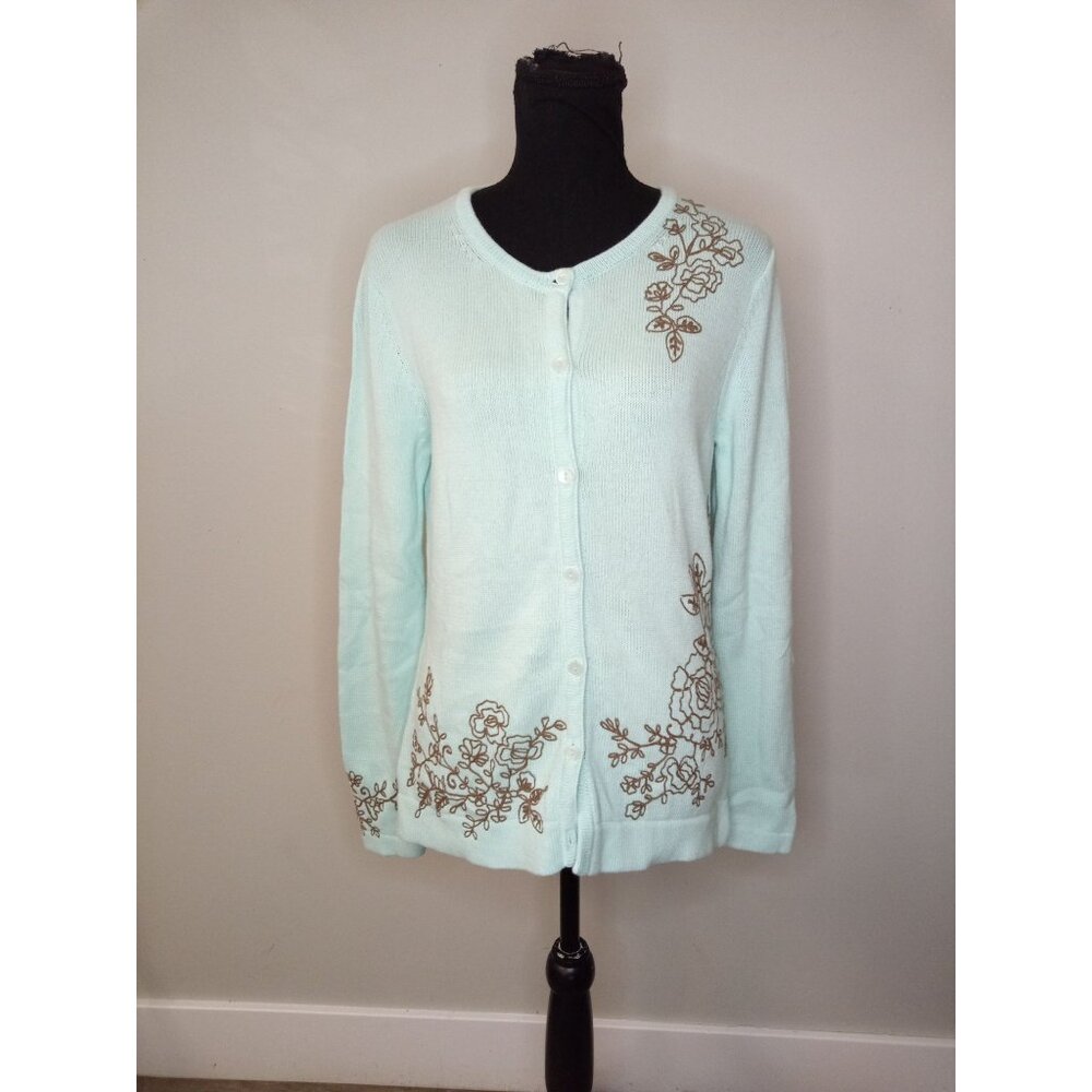 Eddie Bauer Blue Brown Floral Cardigan Size Medium - Picture 1 of 5